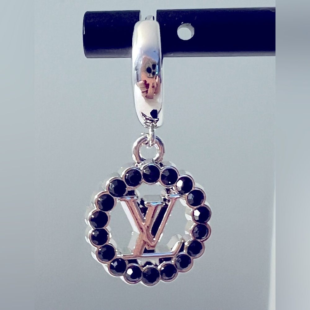 Silver and Black Crystal Dangle Charm Hoop Earrings - Picture 5 of 7